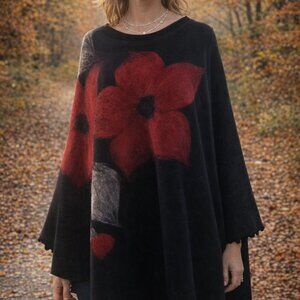 Gorgeous Black and Red Poncho from Poland (E10)